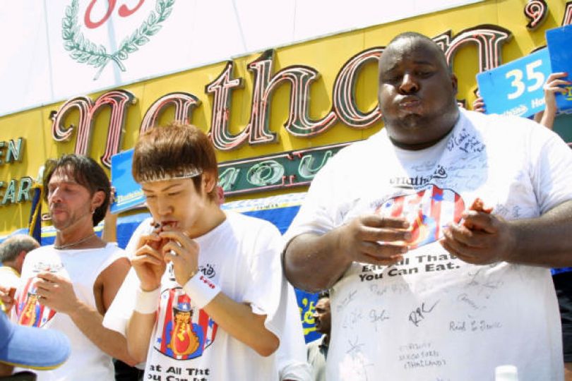 Would you believe the small Japanese guy ate twice as much as the big American in 2003