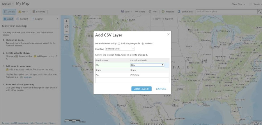 Follow instructions to add a layer - or a set of data points that will be displayed