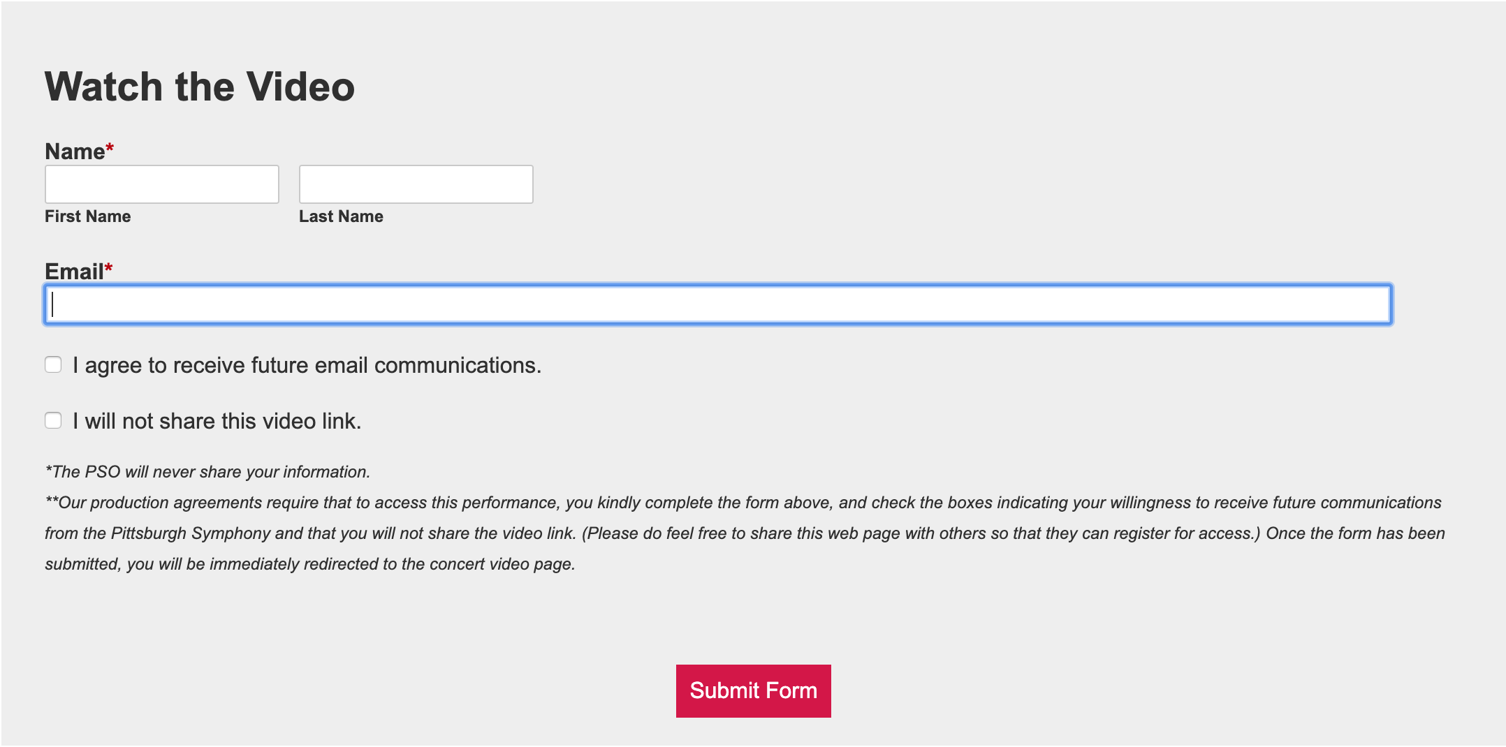 Pittsburgh Symphony Website Form